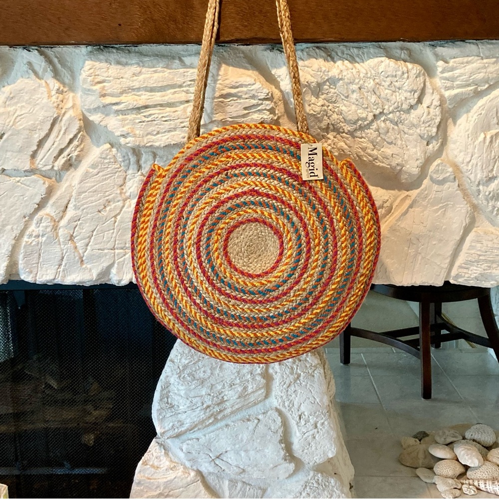 NWT Magid Round Multicolor Straw Tote - Yellow, Red, Blue